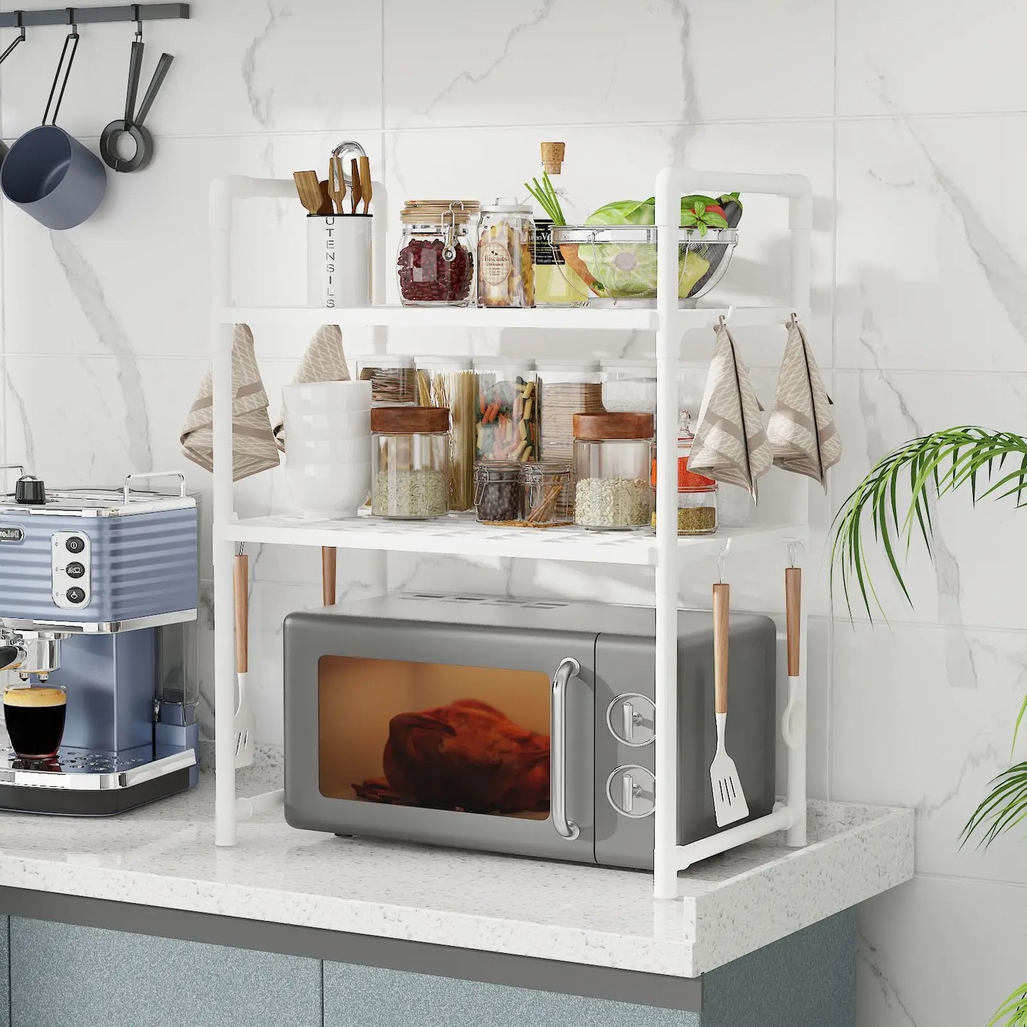 1pc Microwave Oven Storage Rack, Space-saving Countertop Kitchen Utensils Tableware Organizer, Kitchen Accessories Plastic Shelf