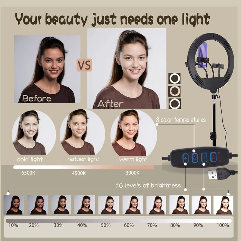 6-14" Ring Light 10 Dimming Levels 22 Modes Professinonal Fill Light 3CCT/RGB with Tripod & Phone/IPad Holder For Live streaming