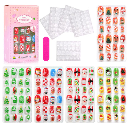 120pc/Box Kid's Christmas Press On Nails Kawaii Cartoon Santa Snowman Xmas Tree Full Cover Acrylic False Nail Kid Christmas gift