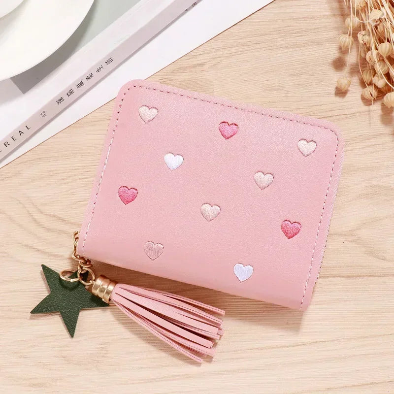 New Long Short Wallet Women's Fashion Credit Card Bag Purse Zipper Handbag Embroidered Heart Mobile Phone Money Coin Bag Case
