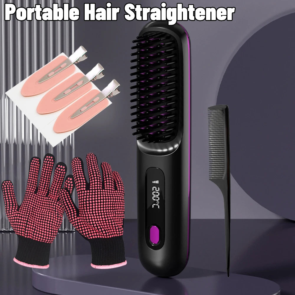 Portable Straightener Brush Cordless Hair Straightener Brush 3Setting Temperature Rechargeable Ceramic Hot Comb Brush for Travel