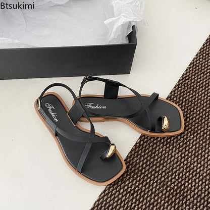 2026 New Women's Summer Outdoor Wear Single Toe Style Flat Bottom Sandals High Quality PVC Material Adults Roman Style Slippers