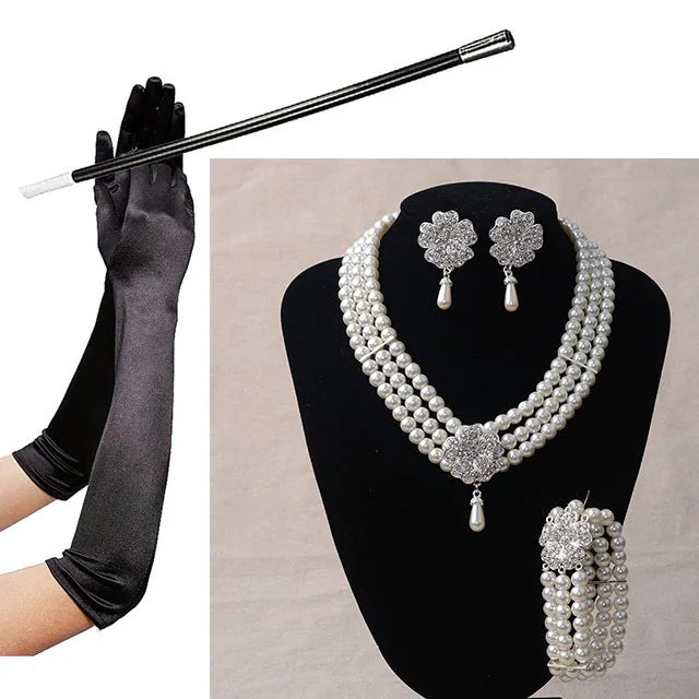 1920s 1950s Women Fashion Jewelry Gatsby Cosplay Accessory Set Pearl Necklace Earring Glove Cigarette Holder Audrey Hepburn