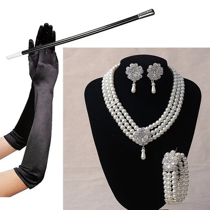 1920s 1950s Women Fashion Jewelry Gatsby Cosplay Accessory Set Pearl Necklace Earring Glove Cigarette Holder Audrey Hepburn