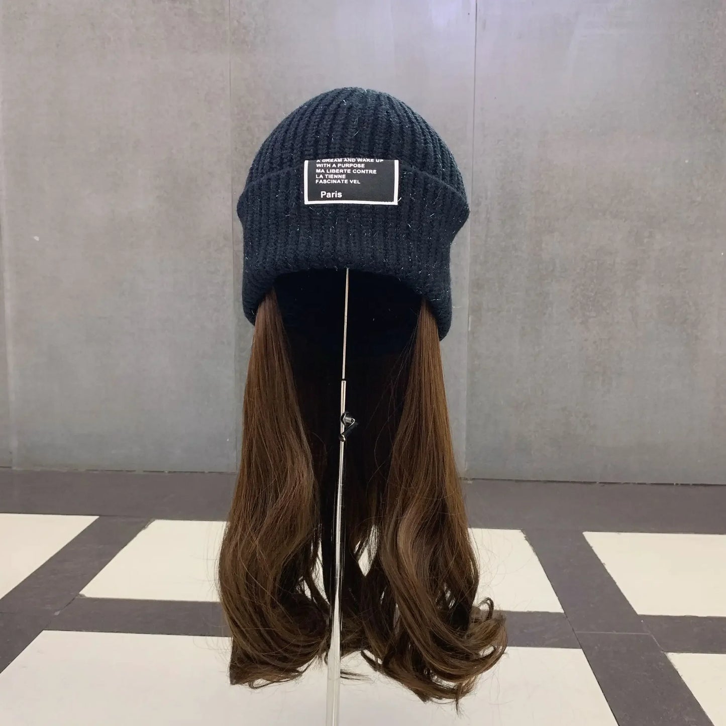 Beanies Hat With Hair Wigs For Women Long  Synthetic Wig Warm Soft Ski Knitted Autumn Winter Cap