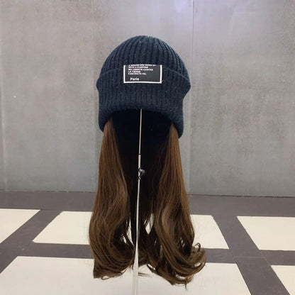 Beanies Hat With Hair Wigs For Women Long  Synthetic Wig Warm Soft Ski Knitted Autumn Winter Cap