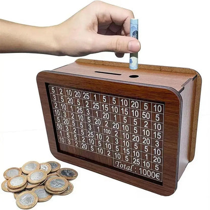 1000/3000/5000/10000 Euro Money Box Wooden Piggy Bank Reusable Money Vault Savings Box Challenge Cash Storage Case Children