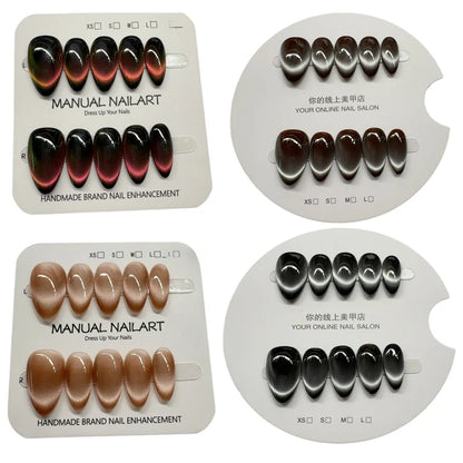 10pcs Black Full Cover Nail Tips Almond Handmade False Nails Art Wearable Solid Color Cat's Eye Press on Nail for Women&Girls