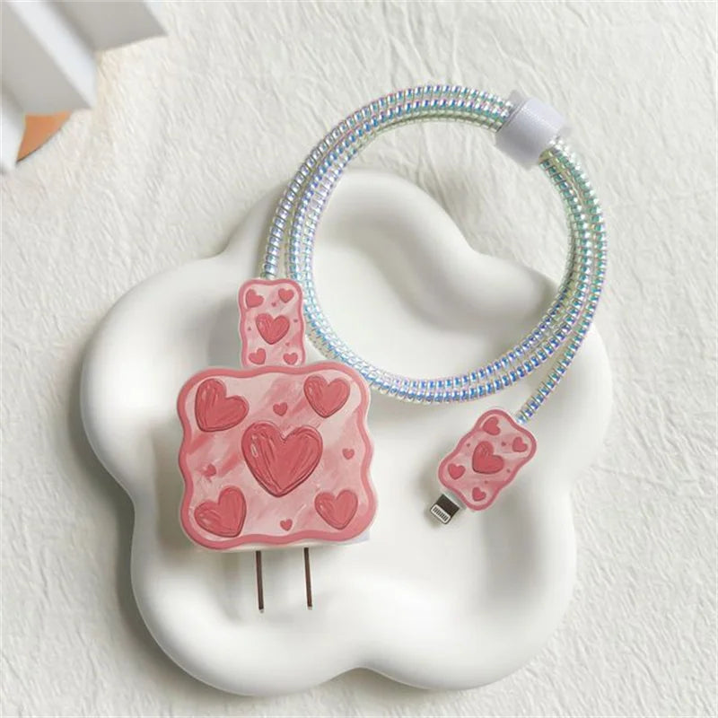 5pcs-set Heart Flower Wave Edge Charger Protective Cover Suitable for iPhone Models 12 13 14 15 Supports 18W 20W Fast Charging