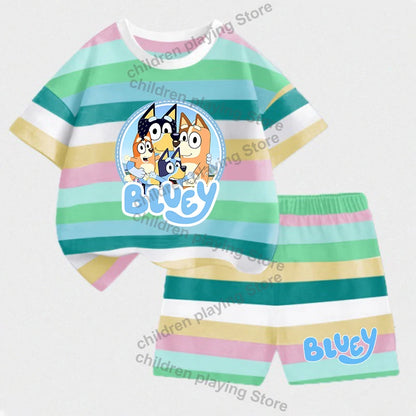 Blueyi Series Child Stripes Sets Summer Girls Boys T-Shirt Shorts Suits Cartoon Bingo Casual Sport Clothes Kids Sleepwear Gifts