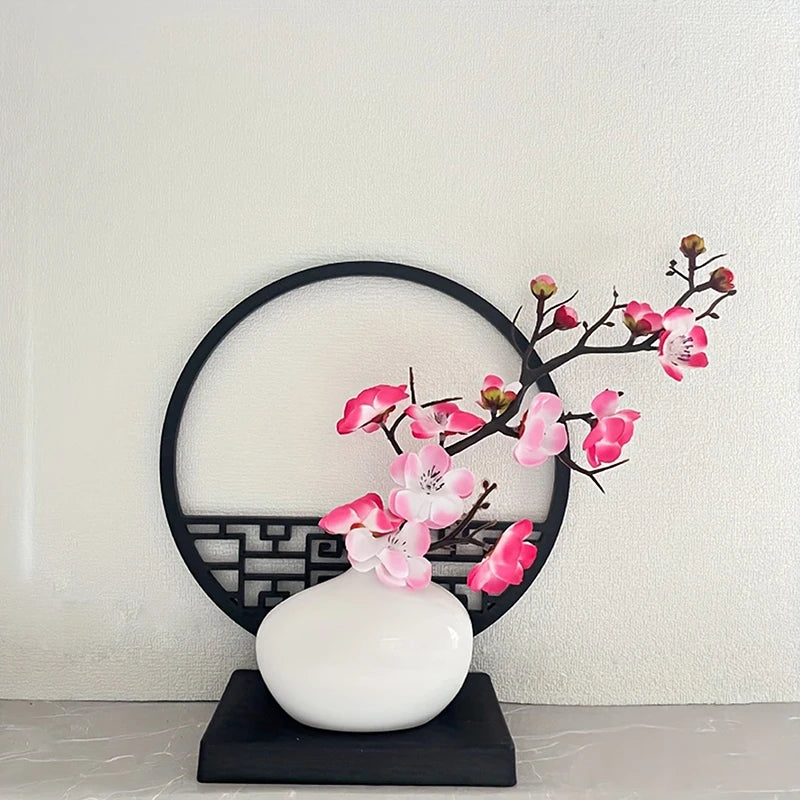 1Pc 15cm Elegant Artificial Plum Blossom Bonsai Set with Screen Base Chinese-Inspired Home & Office Decor Includes Pot