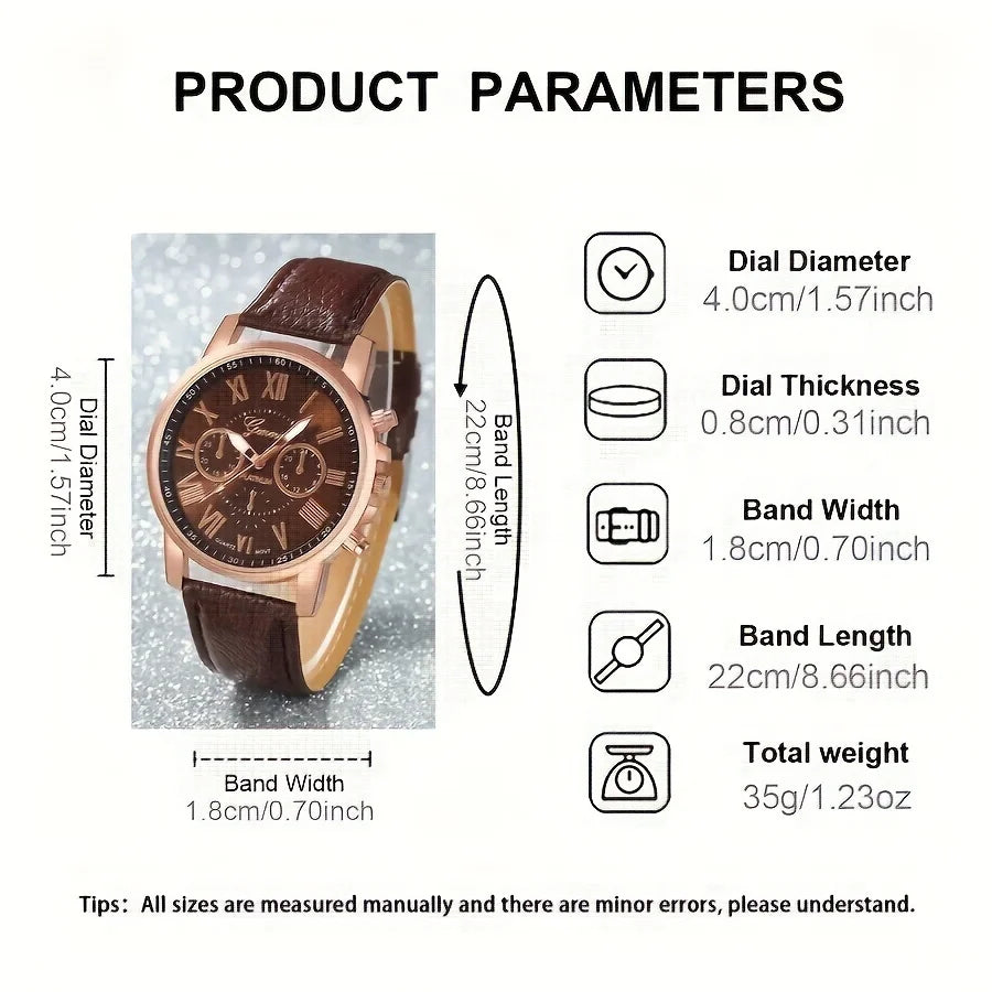 Fashion Quartz Watch 5/10/7/3-Piece Set - Round Zinc Alloy Case with PU Leather Strap