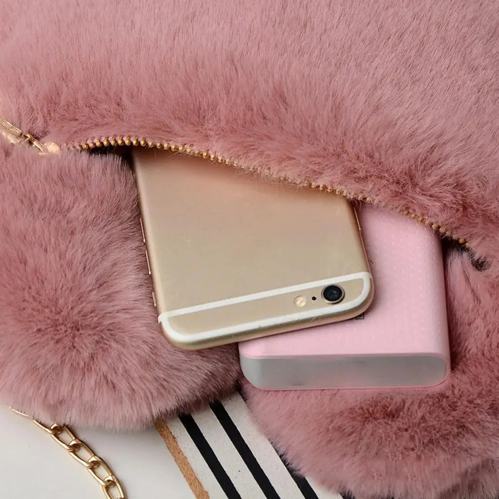 Fashion Women's Heart Shaped Handbags Cute Kawaii Faux Fur Crossbody Bags Wallet Purse Plush Chain Shoulder Bag Lady Handbag