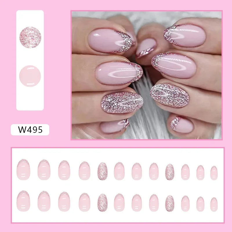 Fresh Green Tea 24 Pcs Fake Nail with Jelly sticker Press on False Nails Wearable Round Head Oval Full Cover Nail Tips