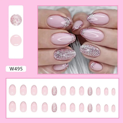 Fresh Green Tea 24 Pcs Fake Nail with Jelly sticker Press on False Nails Wearable Round Head Oval Full Cover Nail Tips