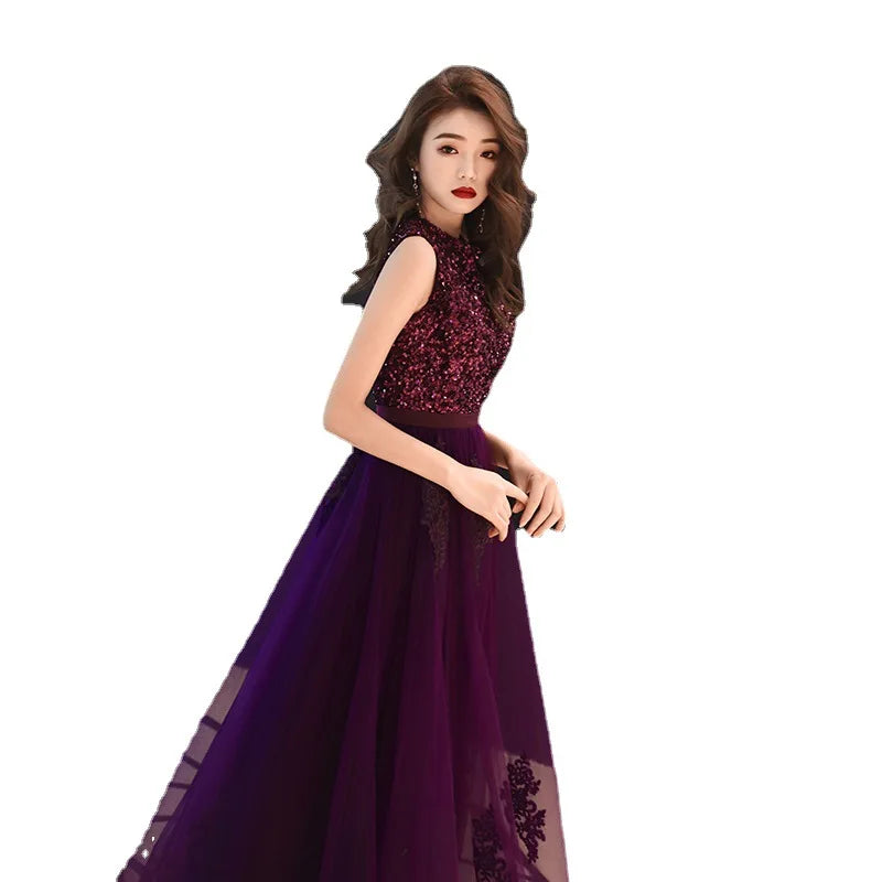 Luxury dark purple Fashion lady girl lady women prom performance bridesmaid dress princess party gown