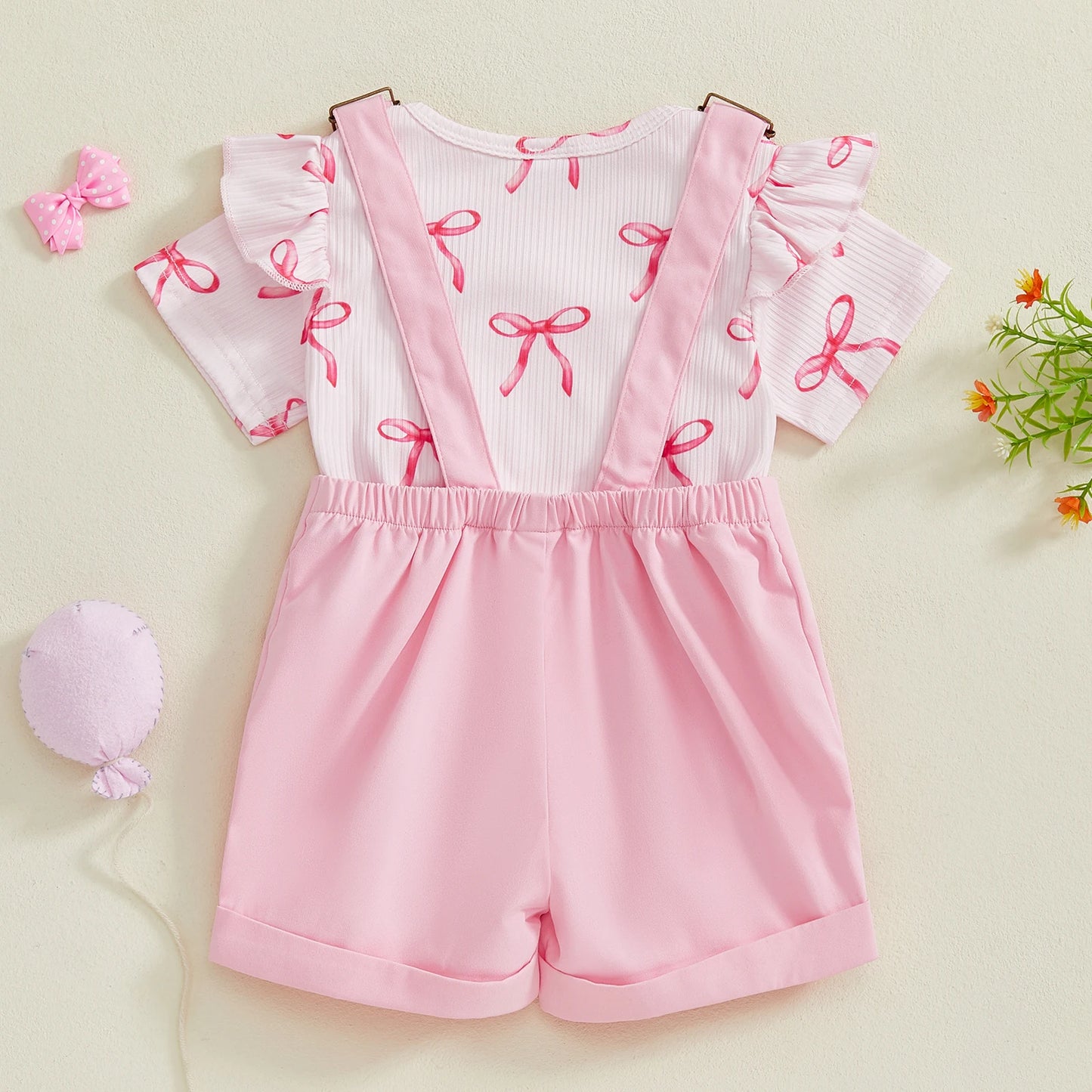 Fashion Baby Girl  Romper Overall Shorts 2 Pcs Set Infant Summer Bow Pattern Ruffled Crew Neck Short Sleeve Jumpsuits Clothes
