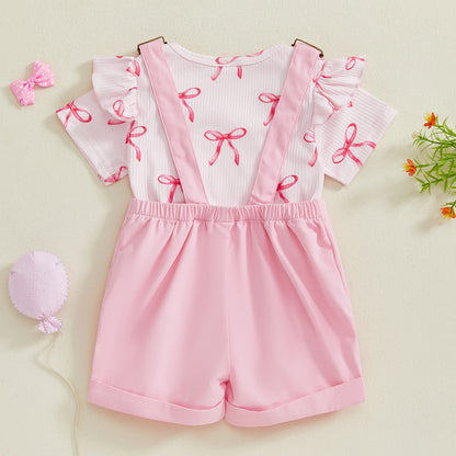 Fashion Baby Girl  Romper Overall Shorts 2 Pcs Set Infant Summer Bow Pattern Ruffled Crew Neck Short Sleeve Jumpsuits Clothes