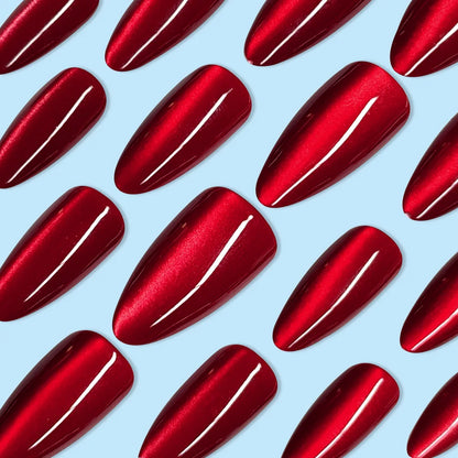 24pcs Glossy Red Cat's Eye Press On Nails Full Cover Nude Color Wearable Almond False Nails Charms Detachable Fake Nail For Girl