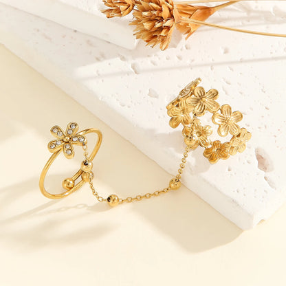 Letdiffery New Double-Finger Flower Rings for Women Stainless Steel Heart Butterly Zircon Charm Adjustable Open Rings Jewelry