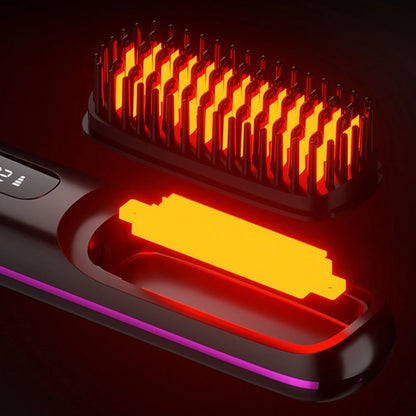Portable Straightener Brush Cordless Hair Straightener Brush 3Setting Temperature Rechargeable Ceramic Hot Comb Brush for Travel