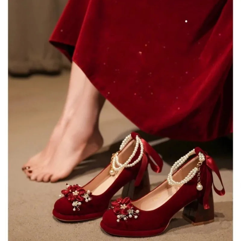 Red Wedding Shoes, Two-wear Wedding Dress, Mary Jane's Thick and High Heel Women's Shoes 2025 New Style