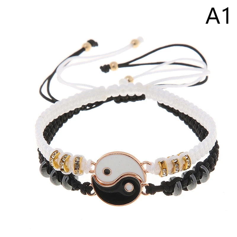 2Pcs Tai Chi Yin Yang Couple Bracelets Necklaces Set Pendant Adjustable Braid Chain Bracelet Matching Lover Bracelets Choker