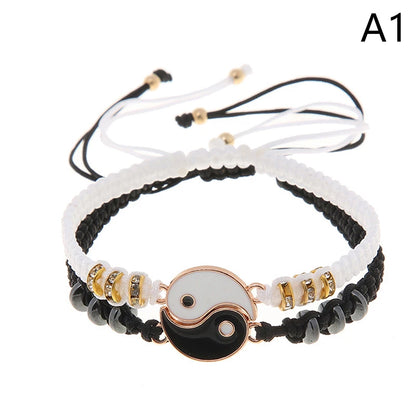 2Pcs Tai Chi Yin Yang Couple Bracelets Necklaces Set Pendant Adjustable Braid Chain Bracelet Matching Lover Bracelets Choker