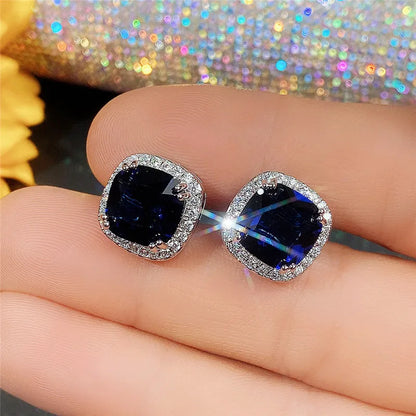European and American Jewelry Set, Fashionable Square Sapphire Blue Zircon Series, Luxurious and Elegant Jewelry Accessories