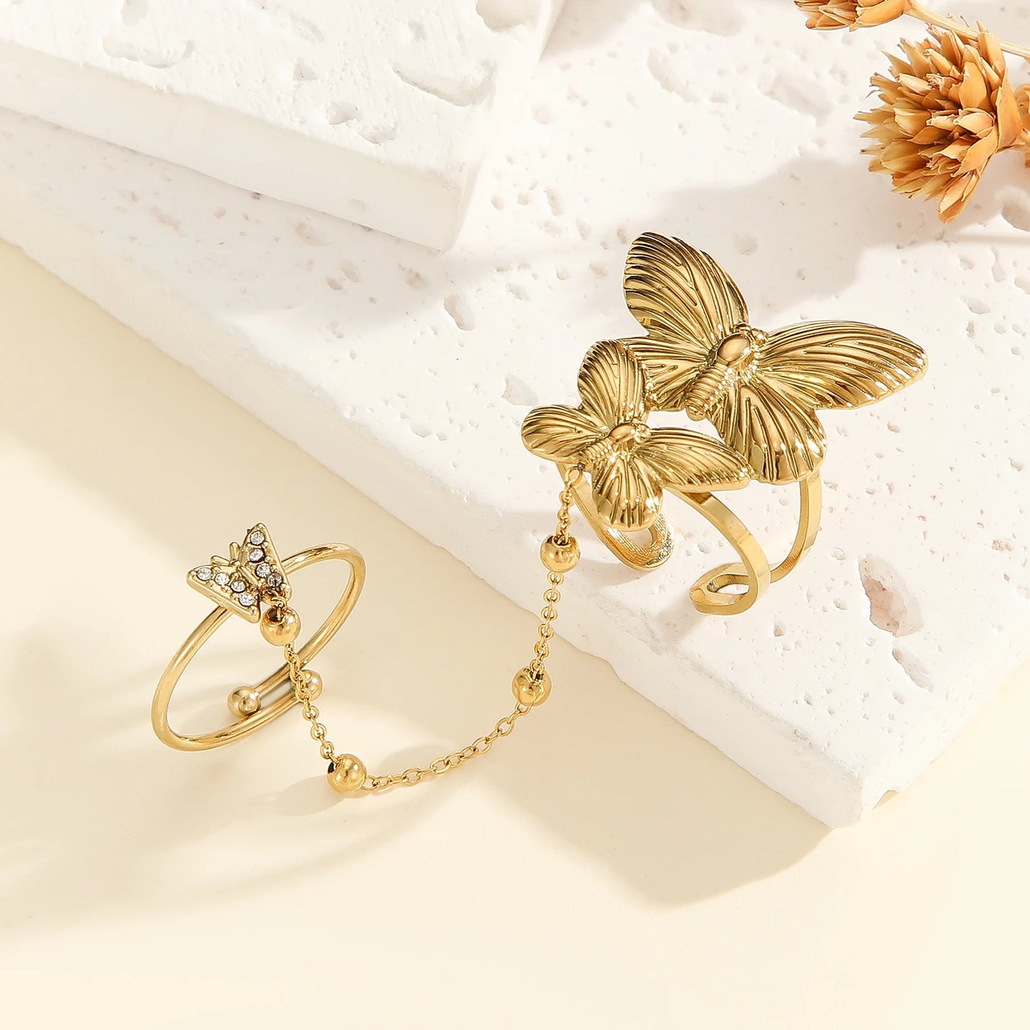 Letdiffery New Double-Finger Flower Rings for Women Stainless Steel Heart Butterly Zircon Charm Adjustable Open Rings Jewelry