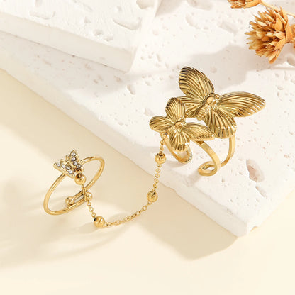 Letdiffery New Double-Finger Flower Rings for Women Stainless Steel Heart Butterly Zircon Charm Adjustable Open Rings Jewelry