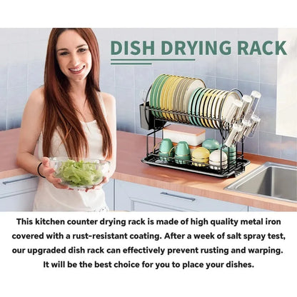 2 tier dish drying rack drain board set tableware drainer Kitchen countertop storage rack cup holder Knife and fork holder