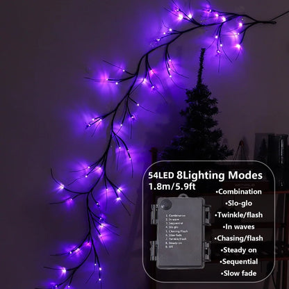 1PC 54 LED Halloween Atmosphere Purple Rattan Lights DIY Branches Garland Outdoor Indoor Waterproof Walls Lights Battery Powered