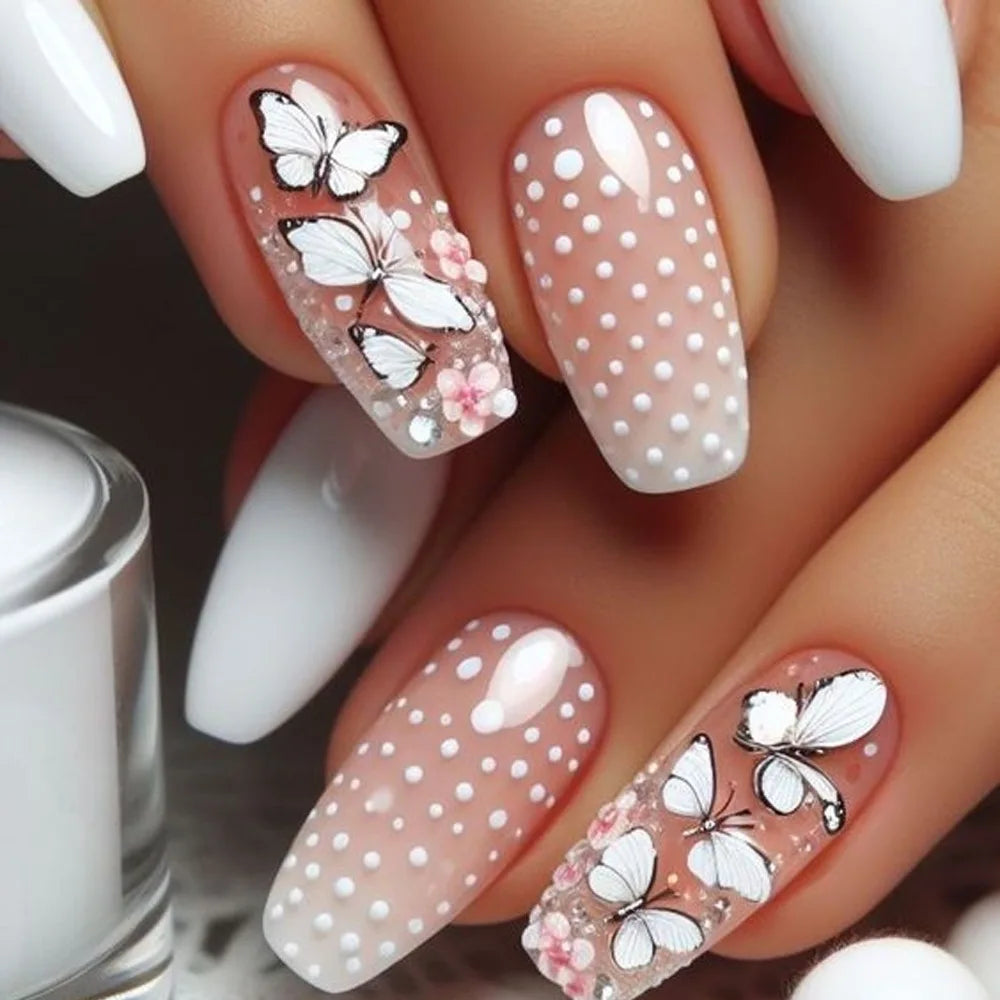 24pcs Golden Stripe Press on Nails Shiny Powder Love Design Long Square False Nails Wearable Full Cover Nail Tips Blue Fake Nail