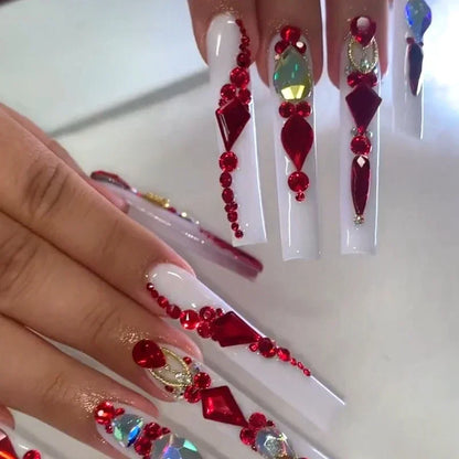 Customized Bling Rhinestone XXXL Press On Nails Handmade Luxury 5CM Long Coffin Stiletto False Nail Tip Reusable Fake Nail Party