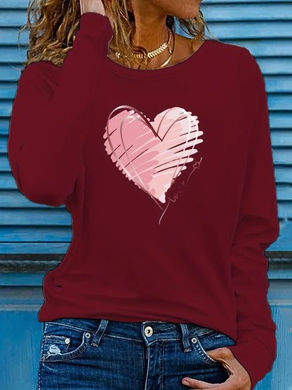 Heart Love Print Crew Neck T shirt Casual Autumn winter top women's long sleeved T-shirt loose comfortable black  white