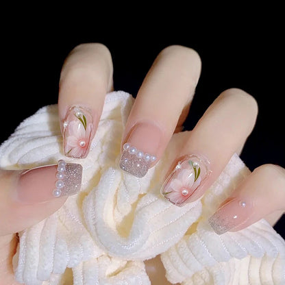24Pcs/Set Pink Bow French Fake Nails Art Cute with Diamonds Girls Reusable Ballet Press on Nail Tips Oval Acrylic Stick on Nails