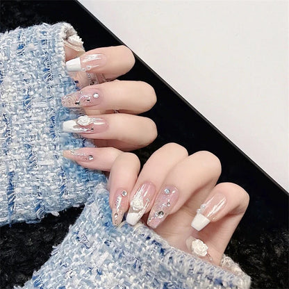 24Pcs/Set Pink Bow French Fake Nails Art Cute with Diamonds Girls Reusable Ballet Press on Nail Tips Oval Acrylic Stick on Nails