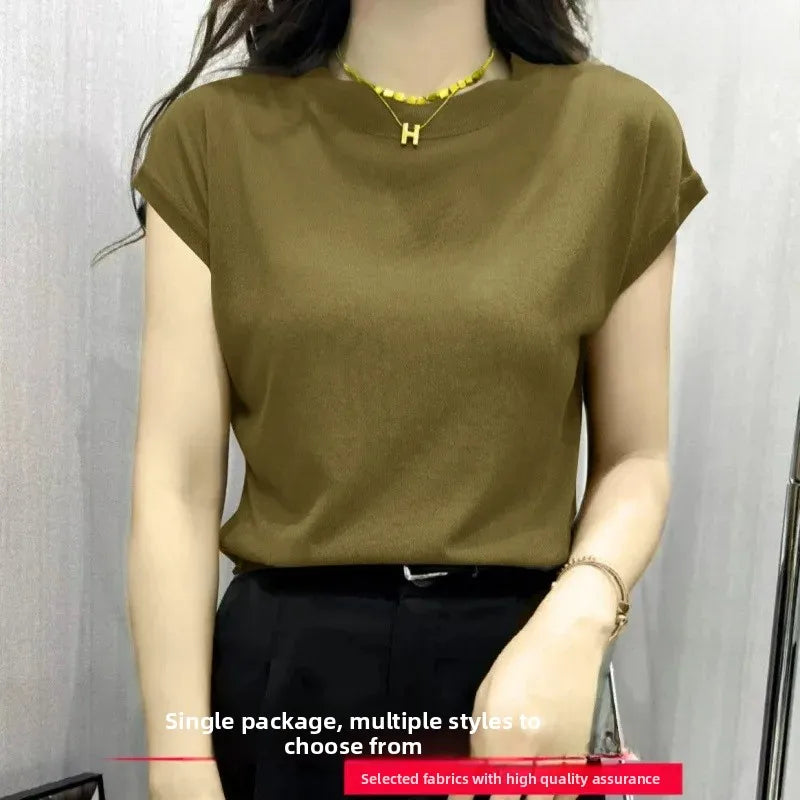 High Elasticity Ice Silk Thread Summer New Loose Women's T-Shirt Short Sleeve Crew Neck Simple Style Pure Color Top