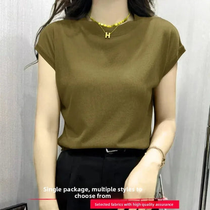 High Elasticity Ice Silk Thread Summer New Loose Women's T-Shirt Short Sleeve Crew Neck Simple Style Pure Color Top