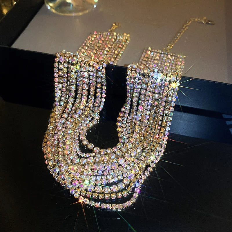 Luxury Colorful Crystal Chokers Necklaces for Women Multilayer Gold Color Chain Rhinestone Necklaces Statements Jewelry