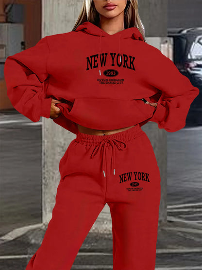New York Print Two piece Set Casual Kangaroo Women's Casual Fashion Round Neck Sweatshirt, Solid Color Long Sleeves Sweatshirt,