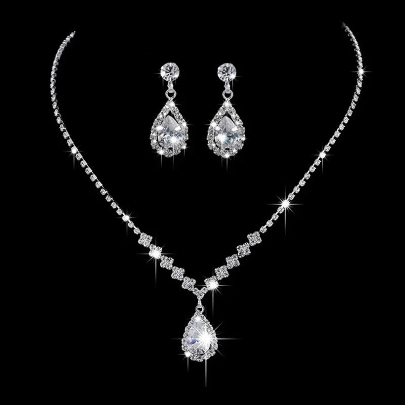 2Pcs/lot Simple Fashion Geometric Zircon Necklace Earrings Kit For Women Wedding Bride Jewelry Set Accessories Gift