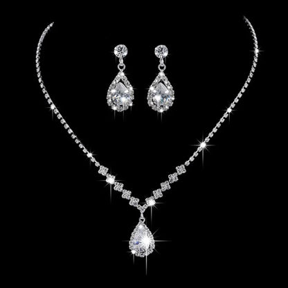 2Pcs/lot Simple Fashion Geometric Zircon Necklace Earrings Kit For Women Wedding Bride Jewelry Set Accessories Gift