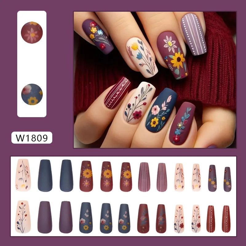 Caramel Flower 24 Pcs Press on Nails Pink Gradient Fake Nails Glossy Artificial Finger Manicure Reusable False Nails for Women
