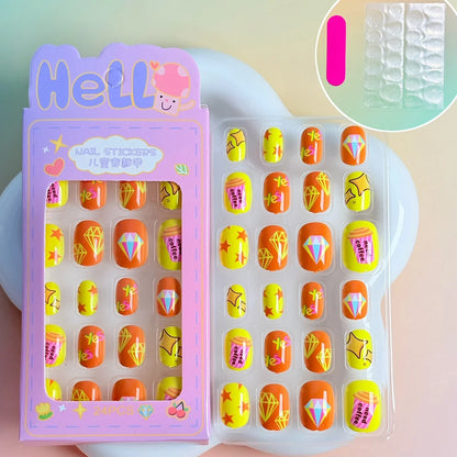 24PC/Box Children's Press On Nails With Jelly Glue Girl's Colorful Cartoon Full Cover Bear Bunny Cat Pattern Fake Nail FalseNail