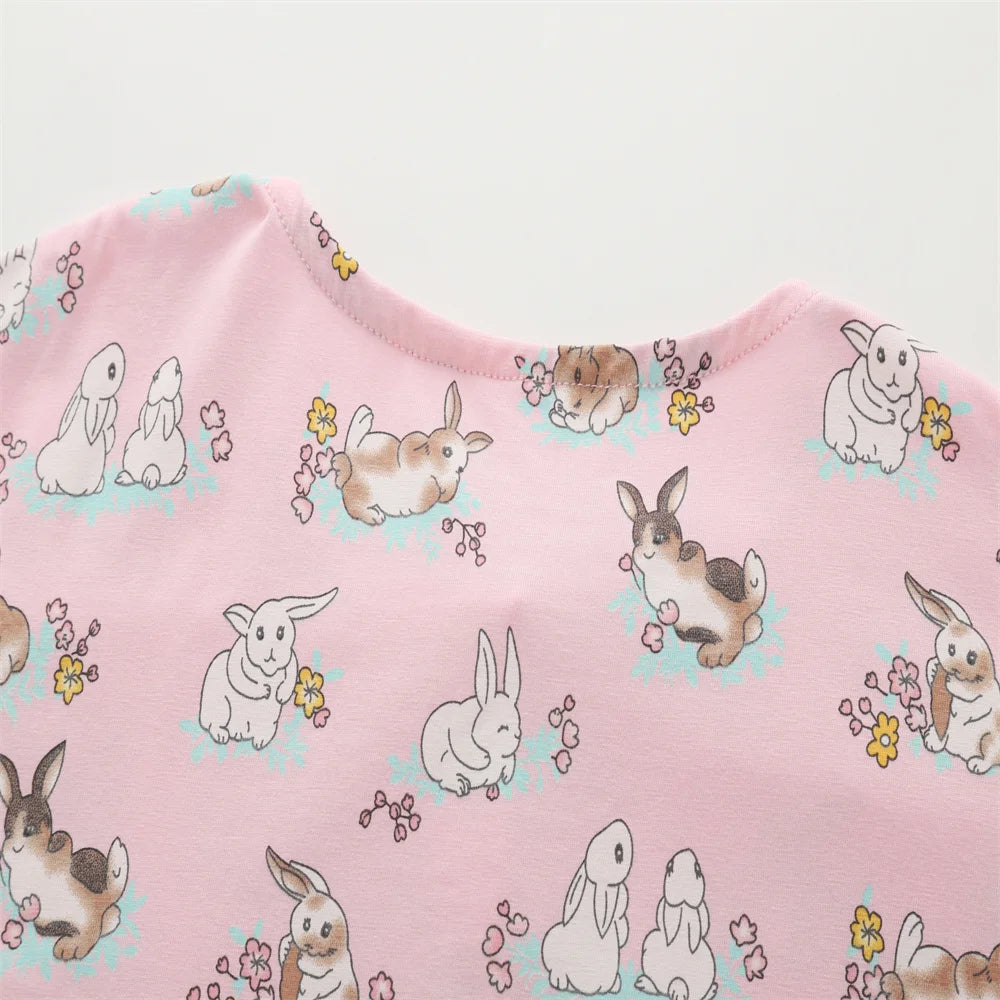 3-8T Summer Girls Dresses Rabbits Printed Buttons Short Sleeve Party Birthday Frocks Children's Costume Baby Dresses