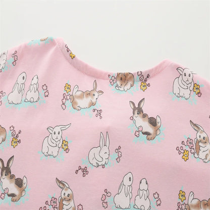 3-8T Summer Girls Dresses Rabbits Printed Buttons Short Sleeve Party Birthday Frocks Children's Costume Baby Dresses