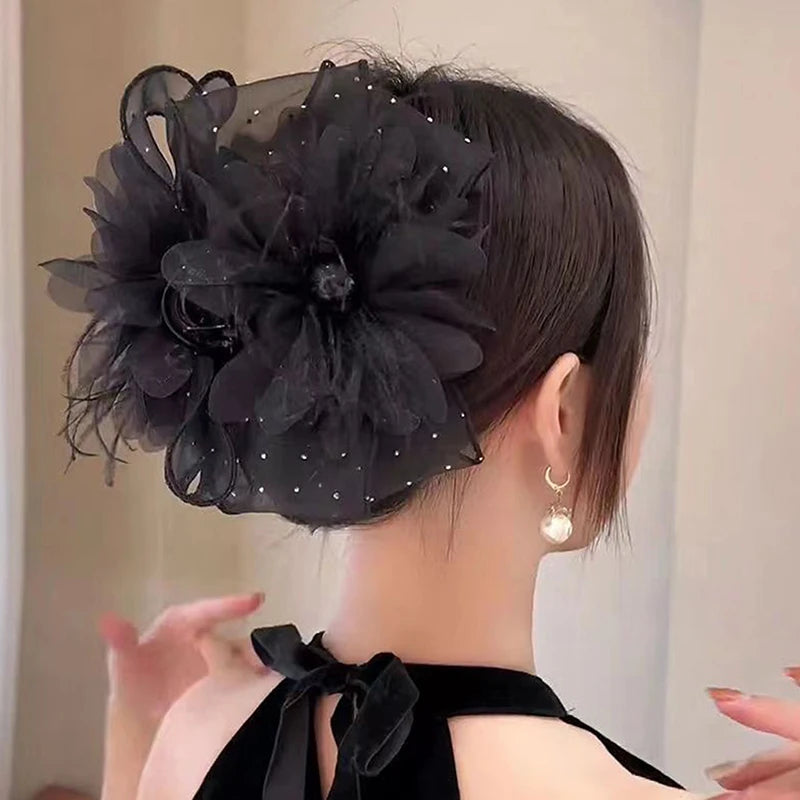 1PC 11/13cm Mesh Lace Black Feather Ribbon Bow Hair Claws Hairpin Big Ponytail Holder Hair Clips Hair Accessories For Women