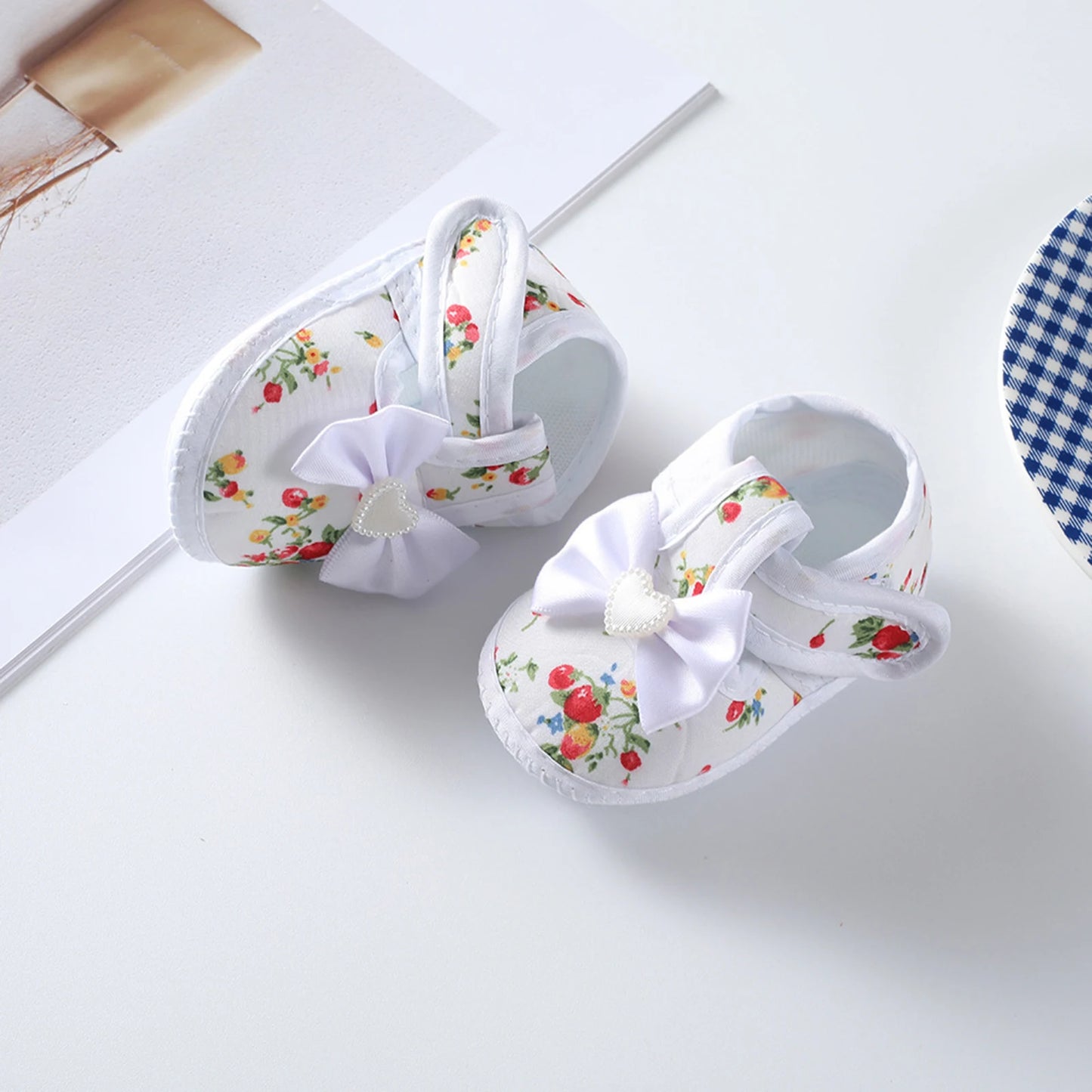 Baby Girls Flat Shoes, Soft Sole Bowknot Flower Print Non-slip Indoor Outdoor Toddler Shoes 0-12M